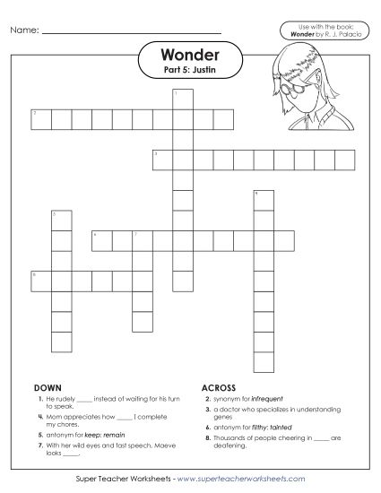 Part 5 - Justin - Vocabulary Crossword for Part 5  (Printable PDF Worksheet)