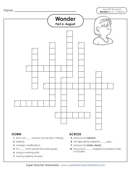 Part 6 - August - Vocabulary Crossword for Part 6 (Printable PDF Worksheet)