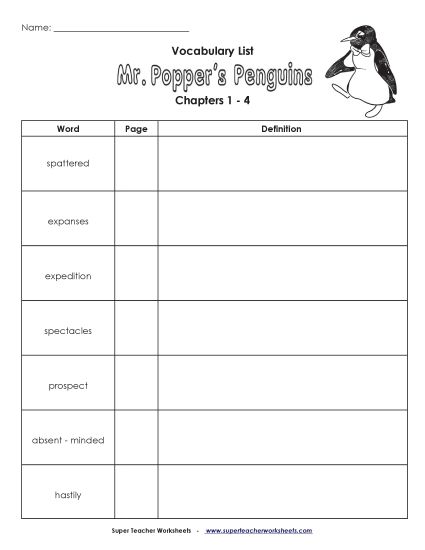 Chapters 1 - 4 - Vocabulary for Chapters 1-4 (Printable PDF Worksheet)