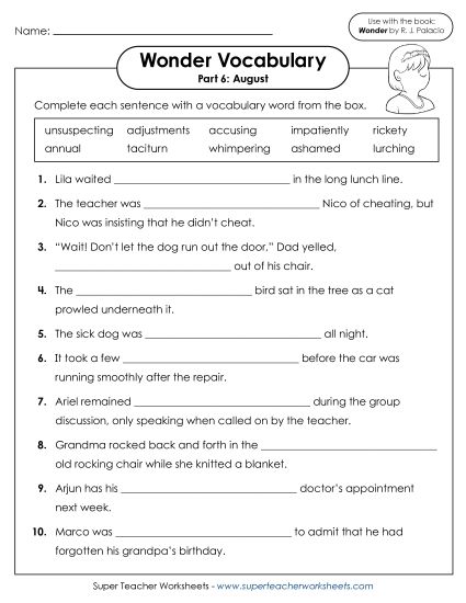 Part 6 - August - Vocabulary for Part 6 (Printable PDF Worksheet)