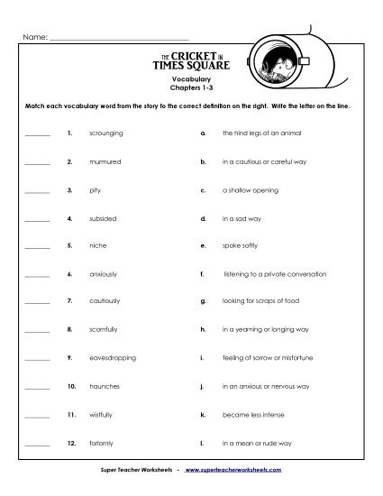 Chapters 1 - 3 - Vocabulary Match: Chapters 1 - 3 (Printable PDF Worksheet)