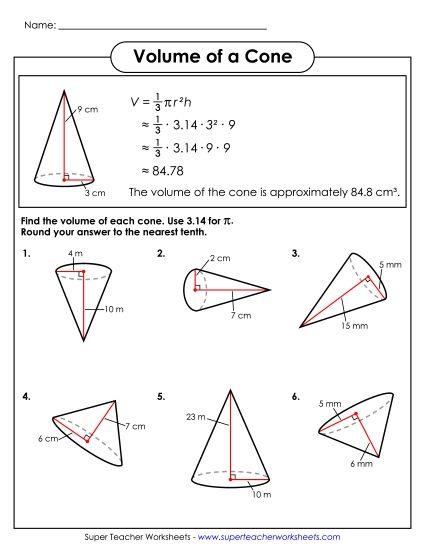 Level: Basic - Volume of a Cone (Basic) (Printable PDF Worksheet)