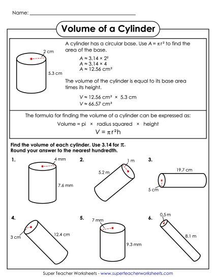 Level : Advanced - Volume of a Cylinder (Basic) (Printable PDF Worksheet)