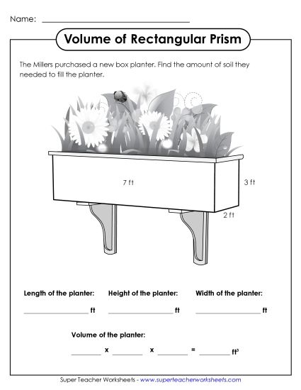 Volume of Rectangular Prisms (Basic: Whole Numbers) - Volume of a Planter (Printable PDF Worksheet)