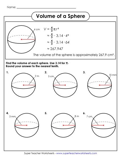 Level: Basic - Volume of a Sphere  With Example (Basic) (Printable PDF Worksheet)