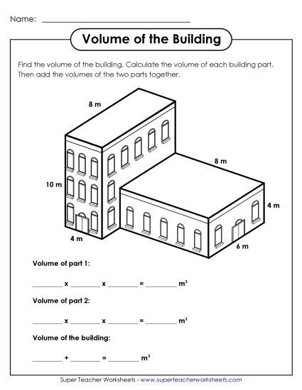 Basic: All Lengths Given Single, Whole Number Lengths - Volume of Building (Printable PDF Worksheet)