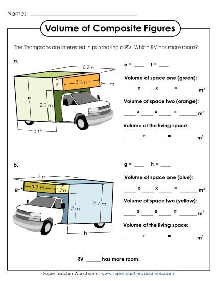 Advanced: Some Missing Lengths Decimal & 2-Digit Lengths - Volume of Composite Figures: RV (Advanced) (Printable PDF Worksheet)