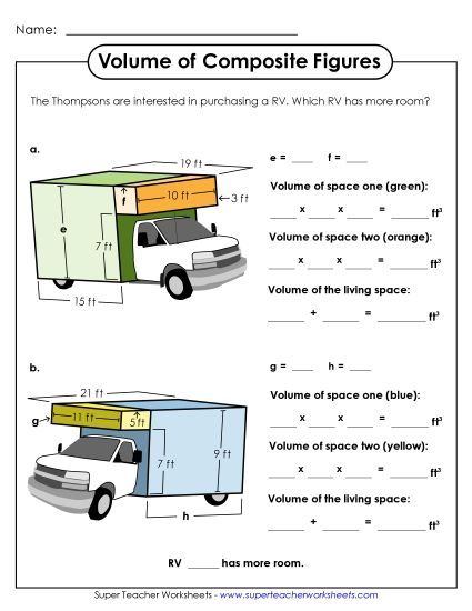 Intermediate: Some Missing Lengths Single, Whole Number Lengths - Volume of Composite Figures: RV (Intermediate) (Printable PDF Worksheet)
