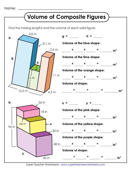 Advanced: Some Missing Lengths Decimal & 2-Digit Lengths - Volume of Composite Figures: Two Shapes (Advanced) (Printable PDF Worksheet)