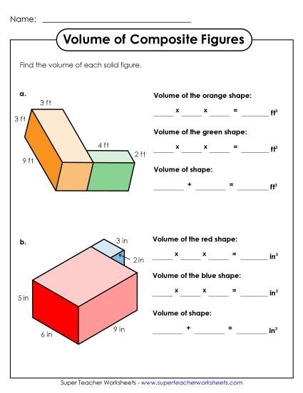 Basic: All Lengths Given Single, Whole Number Lengths - Volume of Composite Figures: Two Shapes (Basic) (Printable PDF Worksheet)