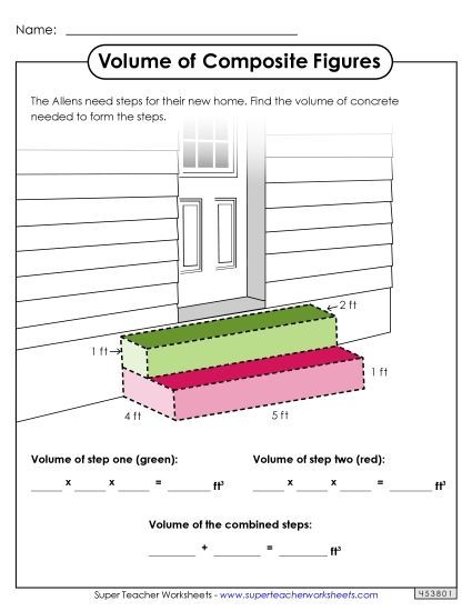 Basic: All Lengths Given Single, Whole Number Lengths - Volume of Composite Figures: Word Problem (Basic) (Printable PDF Worksheet)