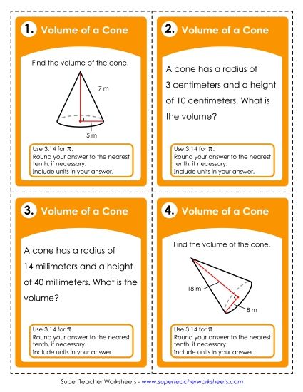 Geometry - Volume of Cones (Printable PDF Worksheet)