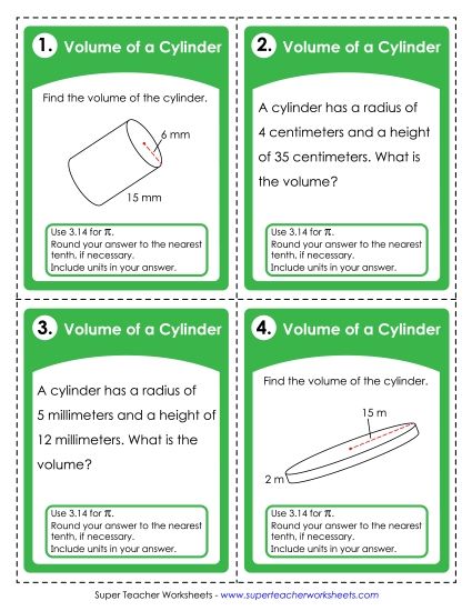 Geometry - Volume of Cylinders (Printable PDF Worksheet)