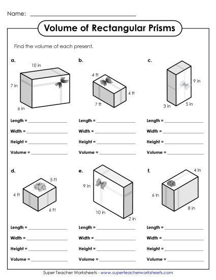 Calculating Volume - Volume of Gift Boxes (Volume of Rectangular Prisms) (Printable PDF Worksheet)