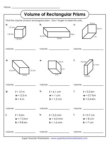 Volume of Rectangular Prisms (Advanced: Decimals and Fractions) - Volume of Rectangular Prisms (Advanced) (Printable PDF Worksheet)