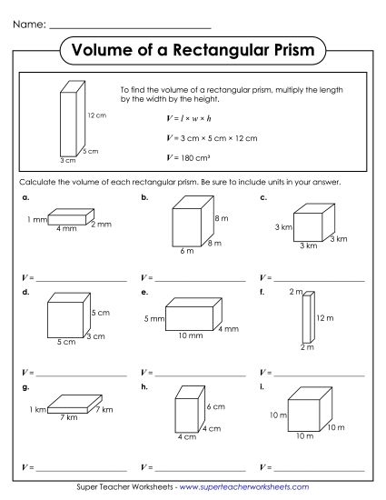 Volume of Rectangular Prisms (Basic: Whole Numbers) - Volume of Rectangular Prisms (With Example) (Printable PDF Worksheet)