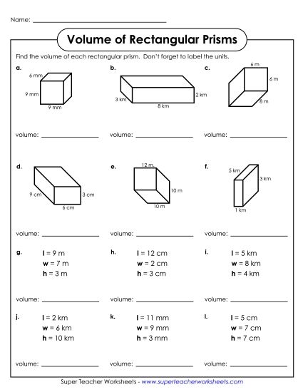 Volume of Rectangular Prisms (Basic: Whole Numbers) - Volume - Rectangular Prisms (Printable PDF Worksheet)
