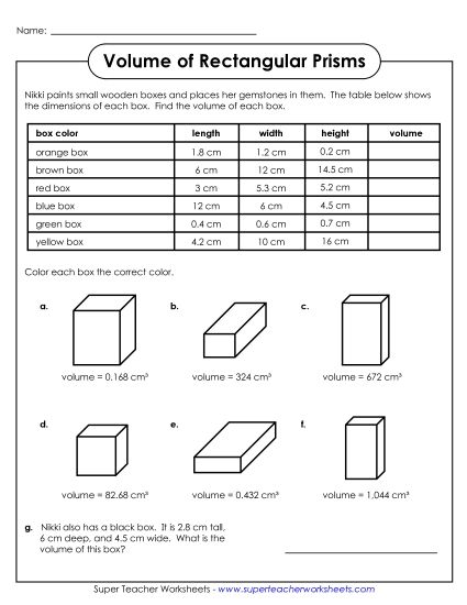 Volume of Rectangular Prisms (Advanced: Decimals and Fractions) - Volume - Rectangular Prisms Table (Advanced) (Printable PDF Worksheet)