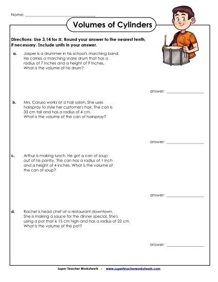 Level: Basic - Volumes of Cylinders: Word Problems (Basic) (Printable PDF Worksheet)