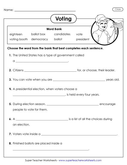 Worksheets - Voting Cloze Activity (Printable PDF Worksheet)