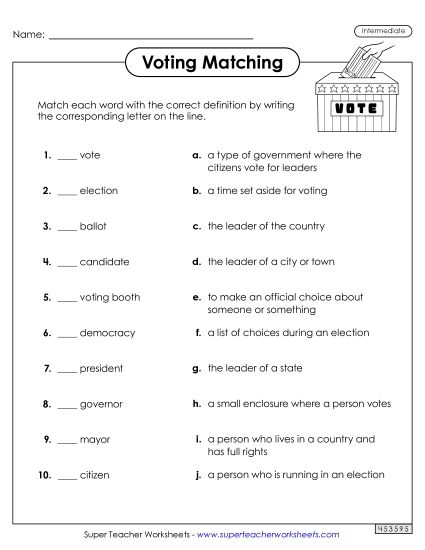 Worksheets - Voting Matching (Intermediate)  (Printable PDF Worksheet)