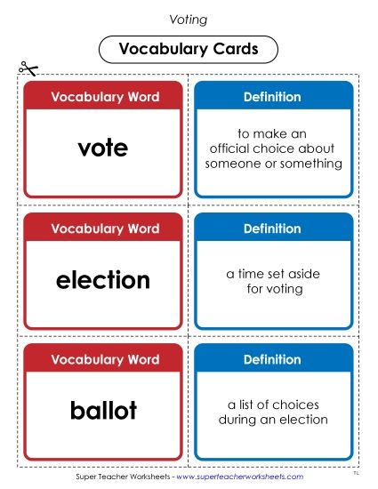 Classroom Activities - Voting Vocabulary Cards (Printable PDF Worksheet)