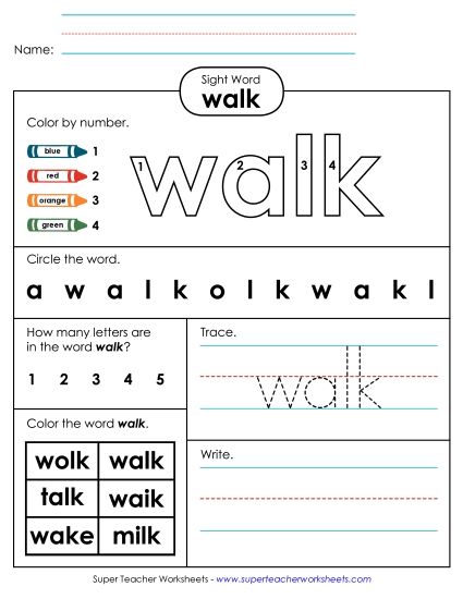 Individual Sight Words - Walk (Sight Word) (Printable PDF Worksheet)
