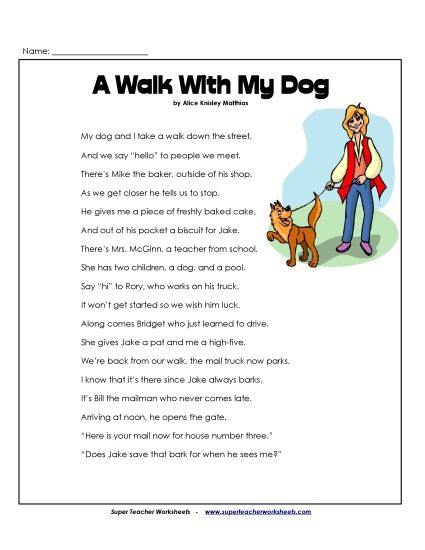 3rd Grade Poems - Walk With My Dog (Printable PDF Worksheet)