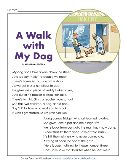 Poems - Walk With My Dog (Poem) (Printable PDF Worksheet)