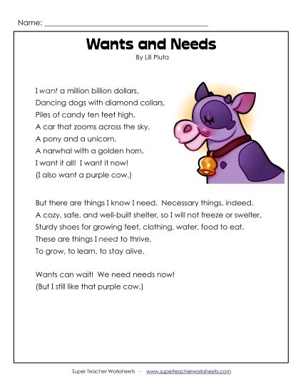Wants and Needs (Poem)  (Printable PDF Worksheet)