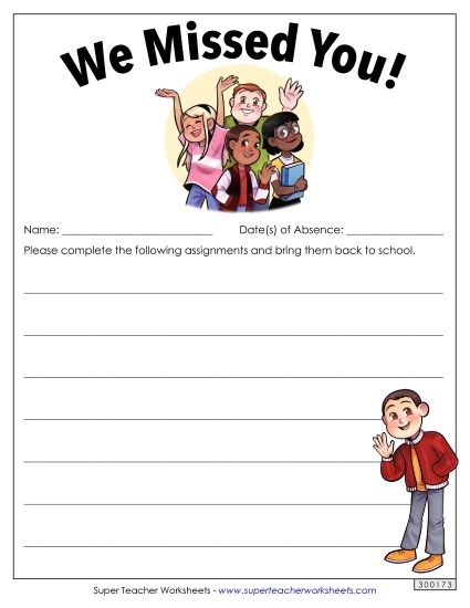 Notes for Absent Students - We Missed You! (Printable PDF Worksheet)