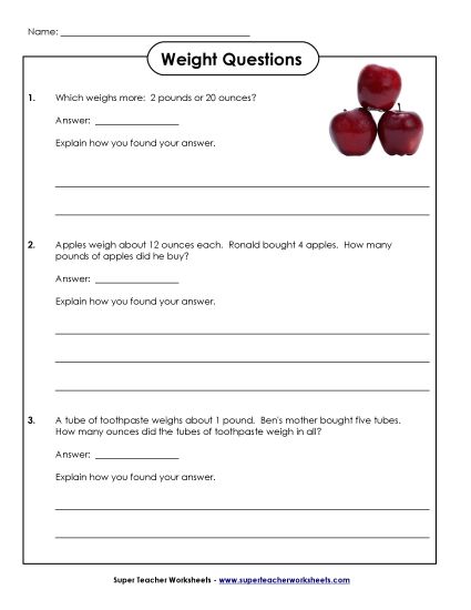 Worksheets - Weight Questions (Easy) (Printable PDF Worksheet)
