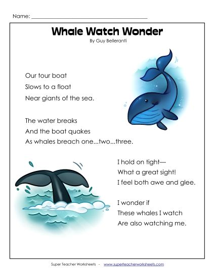 2nd Grade Poems - Whale Watch Wonder (Printable PDF Worksheet)