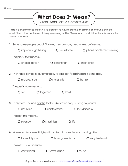 Worksheets - What Does It Mean? Greek Word Parts & Context Clues (Printable PDF Worksheet)
