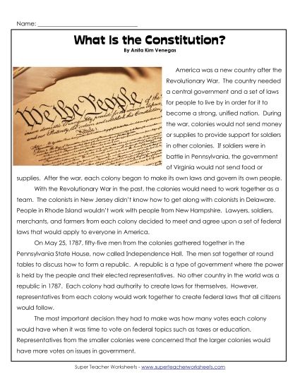 Nonfiction Articles - What Is the Constitution?  (Printable PDF Worksheet)
