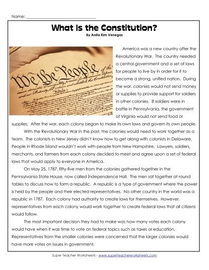 Reading Comprehension - What is the Constitution? (Printable PDF Worksheet)