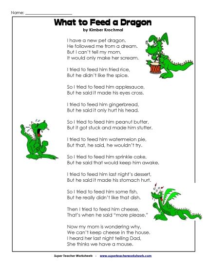 3rd Grade Poems - What To Feed a Dragon (Printable PDF Worksheet)