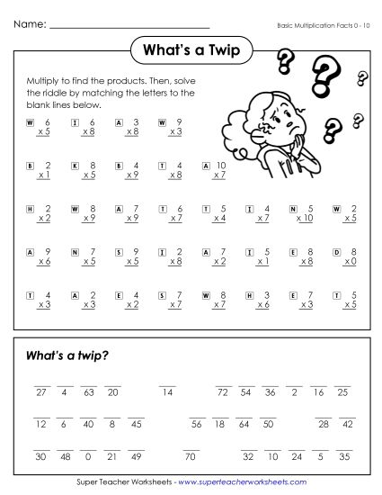 Multiplication - What's a twip? (Basic Multiplication 0-10) (Printable PDF Worksheet)