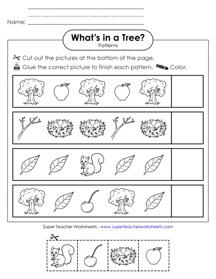 Cut & Paste Activities - What's In a Tree?  Tree Patterns (Printable PDF Worksheet)