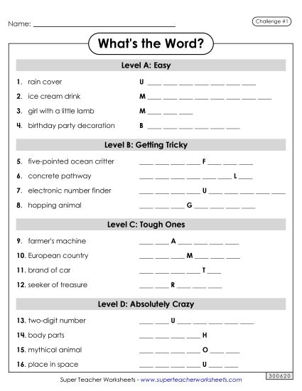 Word Challenges - What's the Word? #1 (Mixed Levels) (Printable PDF Worksheet)