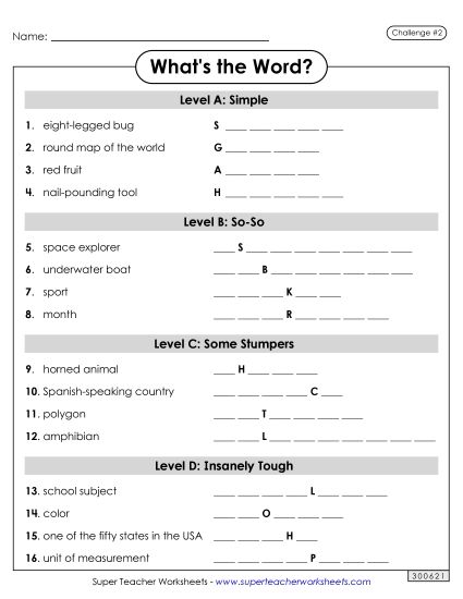 Word Challenges - What's the Word? #2 (Mixed Levels) (Printable PDF Worksheet)
