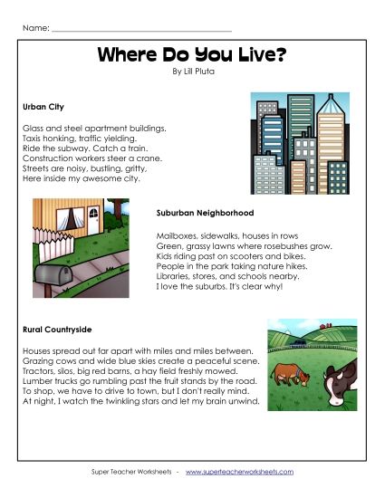 4th Grade Poems - Where Do You Live?  (Printable PDF Worksheet)