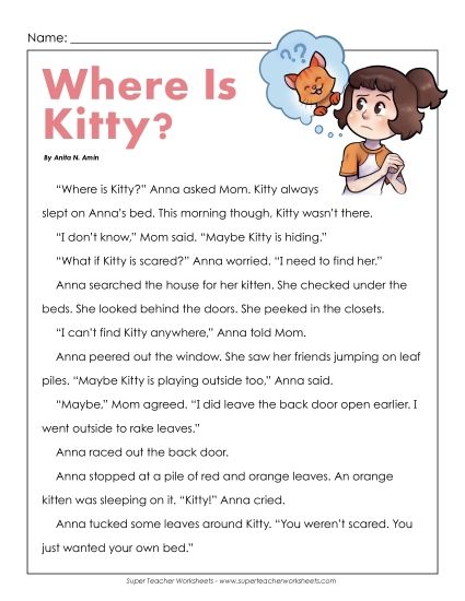 Anna & Kitty Stories (Fiction) - Where's Kitty? (Printable PDF Worksheet)