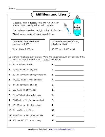 Which is Greater? - Liters and Milliliters (Printable PDF Worksheet)