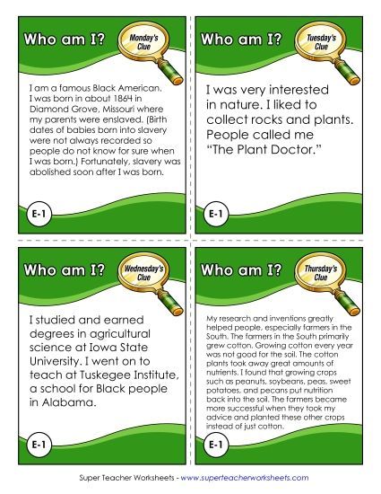 Mystery State Activities - Who Am I? George Washington Carver (Printable PDF Worksheet)