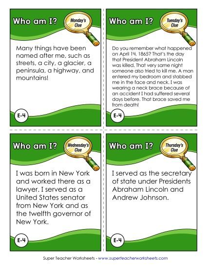 Mystery State Activities - Who Am I? - William Seward (Printable PDF Worksheet)