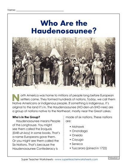 Nonfiction Articles - Who Are the Haudenosaunee? (Printable PDF Worksheet)