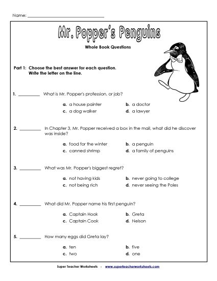 Whole Book - Whole Book Questions (Printable PDF Worksheet)