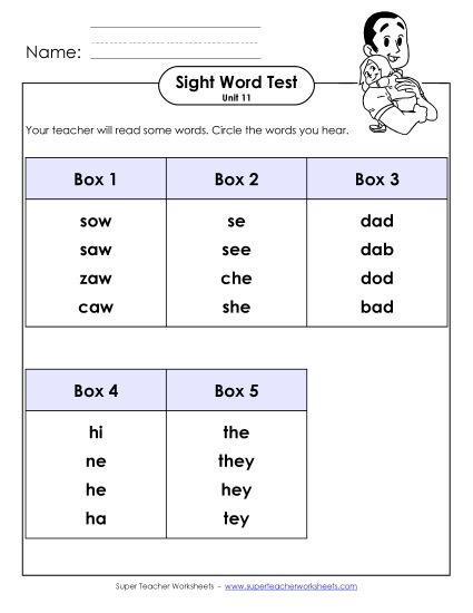 Sight Word Tests - Whole Class Test (Unit 11) (Printable PDF Worksheet)