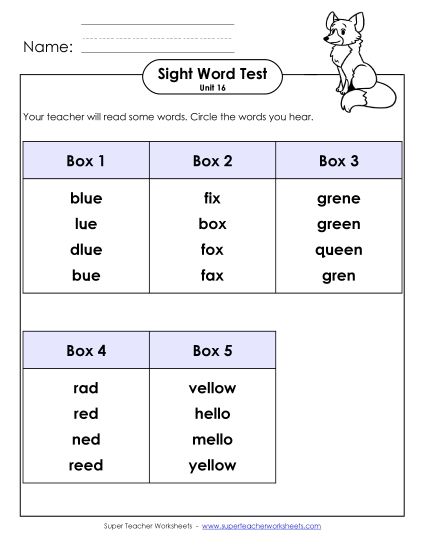 Sight Word Tests - Whole Class Test (Unit 16) (Printable PDF Worksheet)